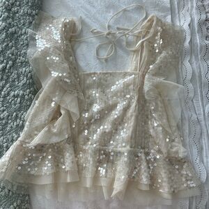Anthropologie Cream Sequin Ruffled Blouse